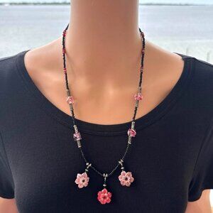 Artisan Made Floral Pendant Beaded Necklace With Pink Black Glass Beads